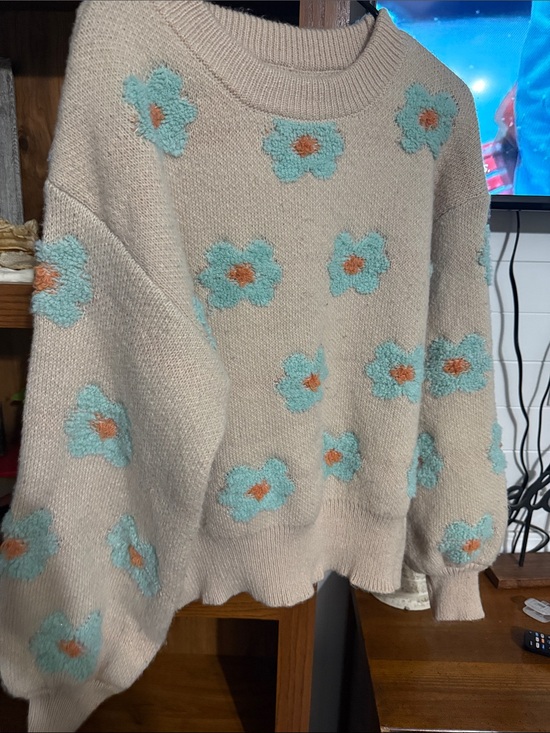 POL Sweaters - POL Cream Crewneck Sweater with Blue Floral Appliqués